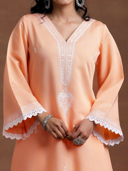 Women's LB Peach Embroidered Silk Blend A-Line Kurta With Palazzos & Dupatta