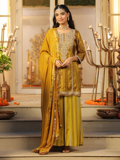 Dhiyona SC Women Ethnic Motifs Embroidered Kurta with Sharara & Dupatta