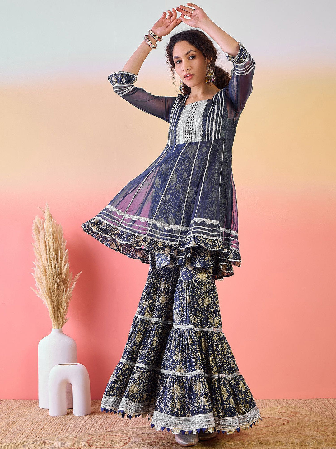 Dhiyona SN Printed Gotta Patti Square Neck Pure Cotton Anarkali Kurti With Sharara