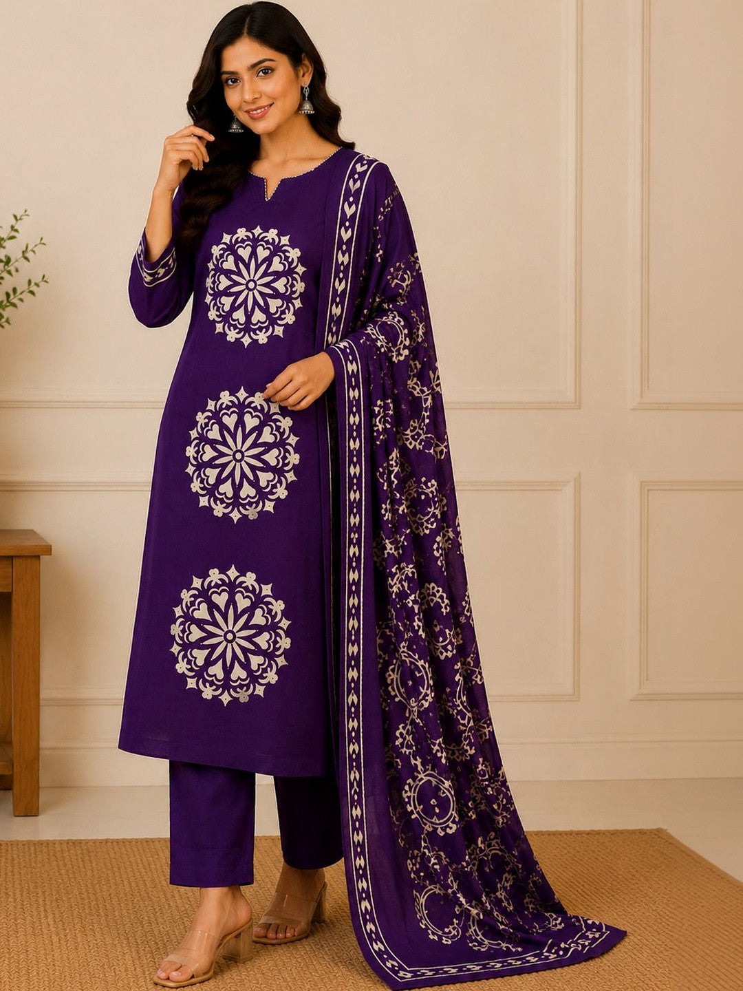 Women Ethnic Motifs Printed Regular Pure Cotton Kurta with Trousers & With Dupatta