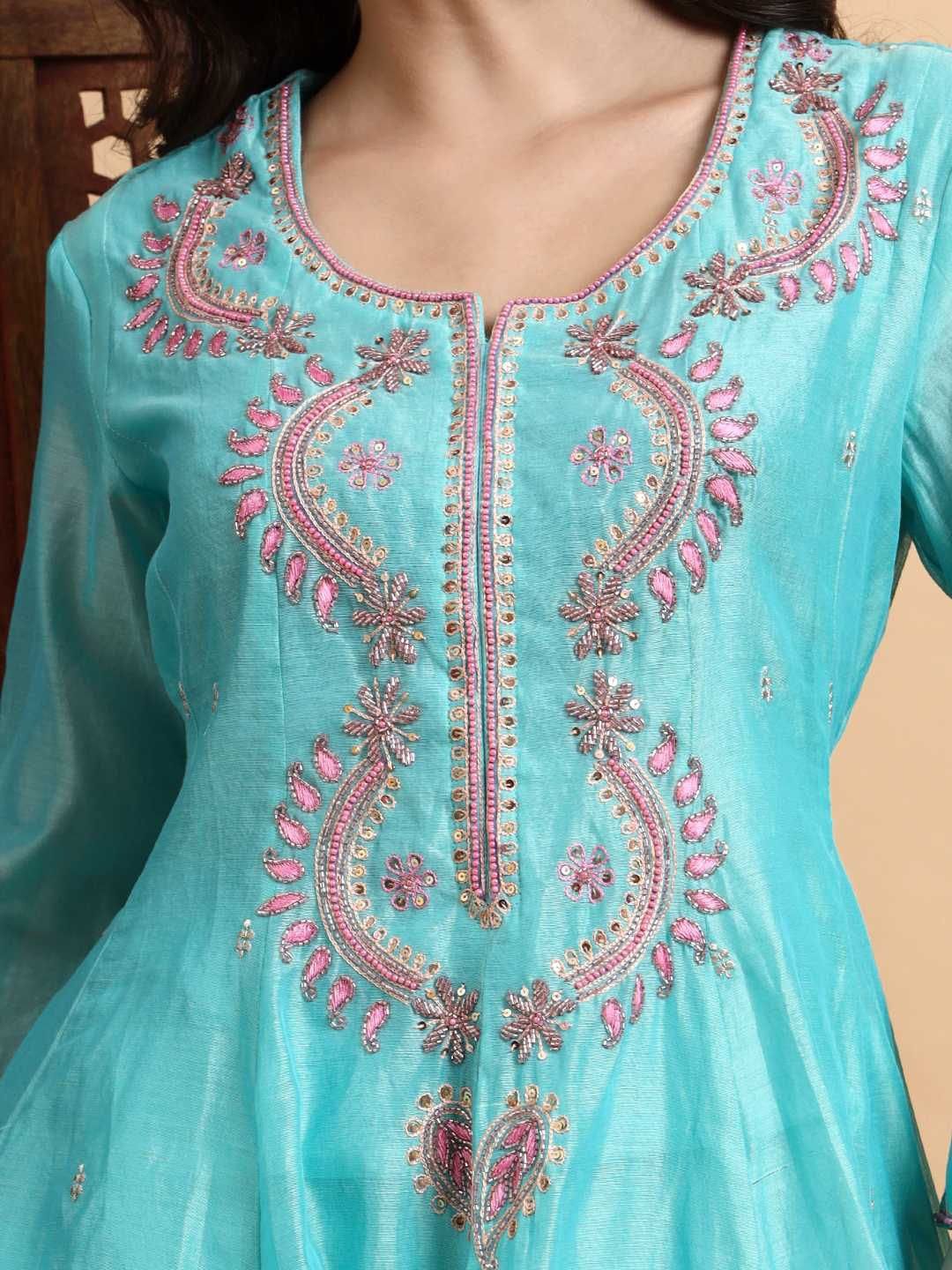 Dhiyona HOP Women Hand Embroidered Zradosi Kalidar Anarkali Kurti & Sharaha