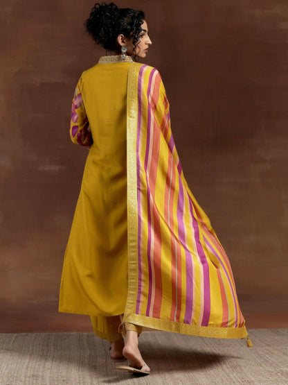 Women's LB Mustard Printed Silk Blend Straight Suit With Dupatta