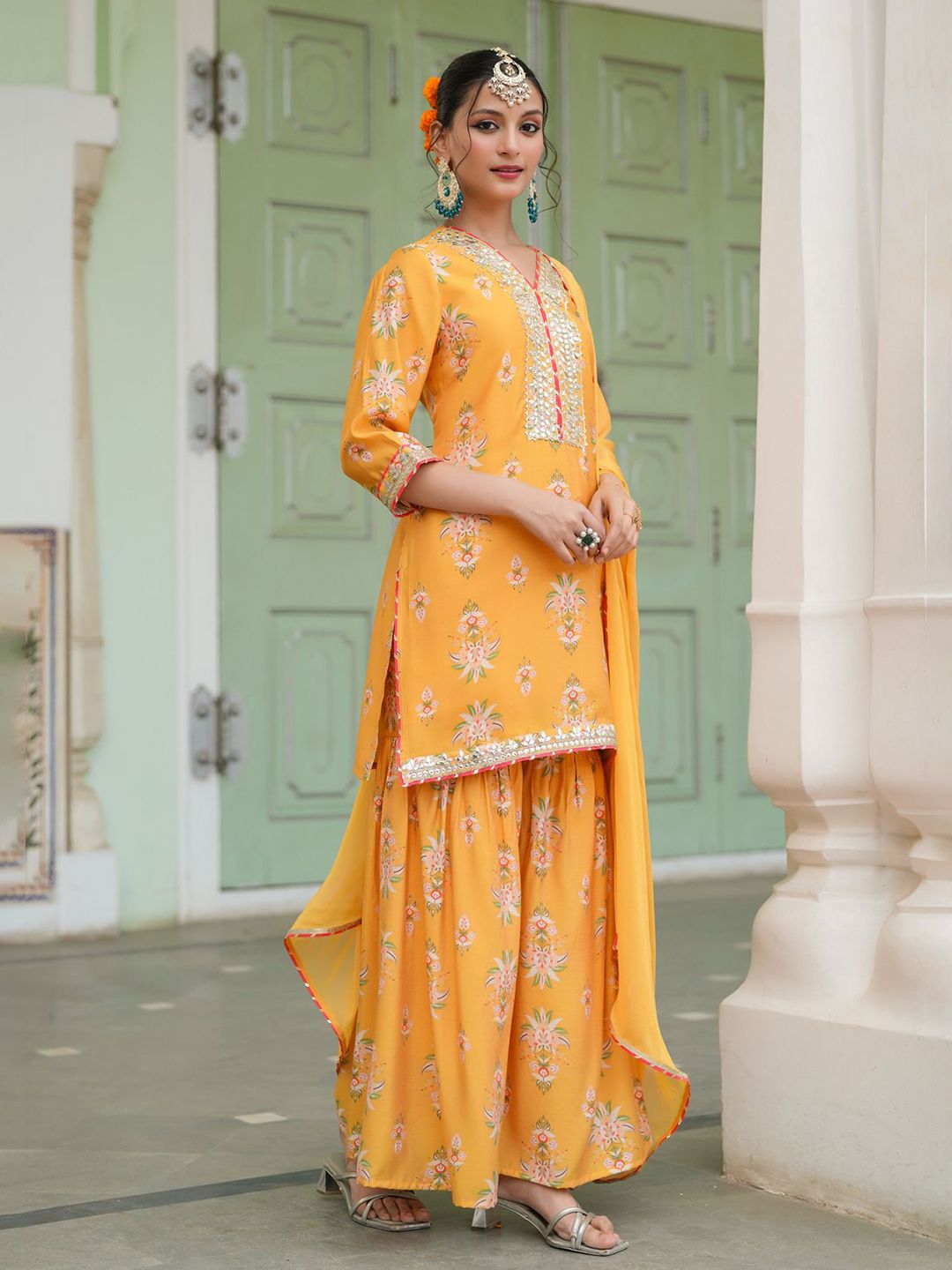 Dhiyona SC Women Mustard Chanderi Silk Floral Printed Sharara Set