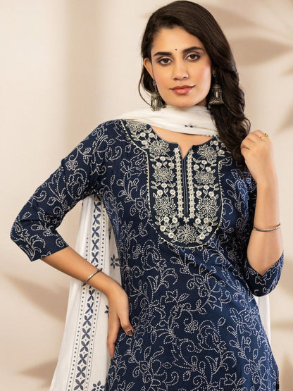 Women Ethnic Motifs Printed Regular Thread Work Pure Cotton Kurta with Patiala & With Dupatta