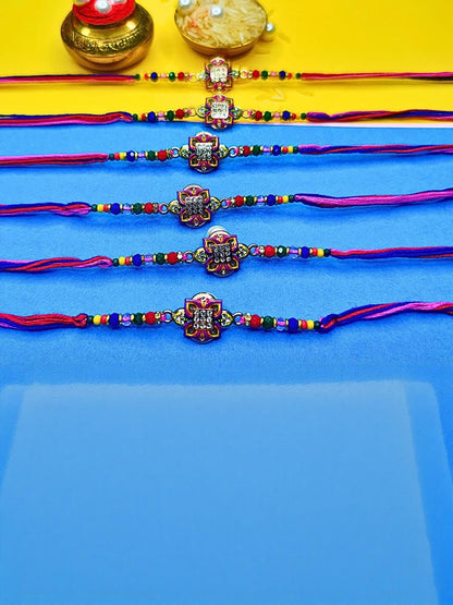 Dhiyona Set Of 6 Beaded Cotton Thread with AD Stones & Meenakari Designer Rakhi for Brother