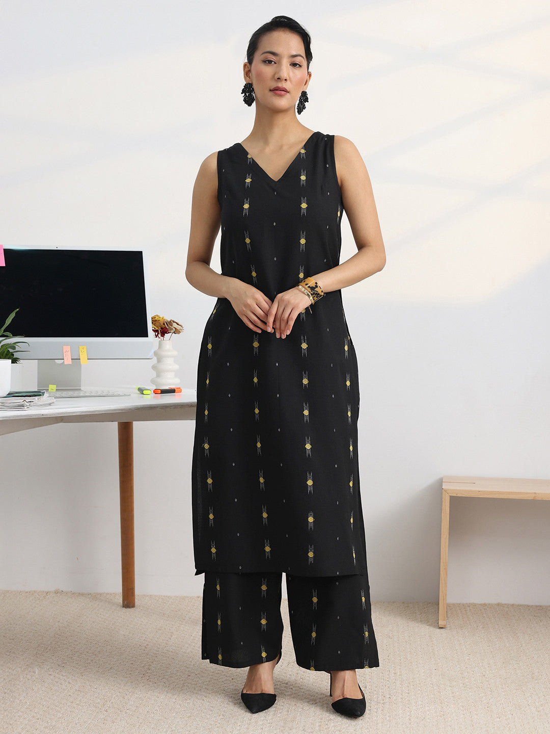 Libas Black Woven Design Straight Kurta Set