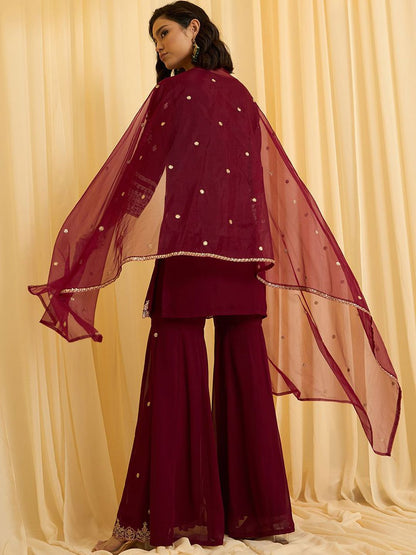 Dhiyona CH Floral Embroidered Sequinned Georgette Kurta with Sharara & Dupatta