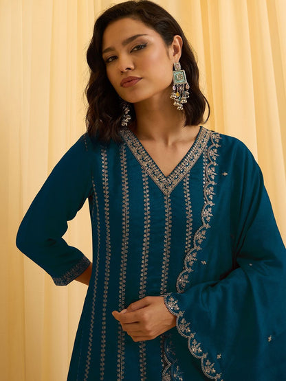 Dhiyona CH Women Ethnic Motifs Embroidered Panelled Thread Work Kurta with Trousers & With Dupatta