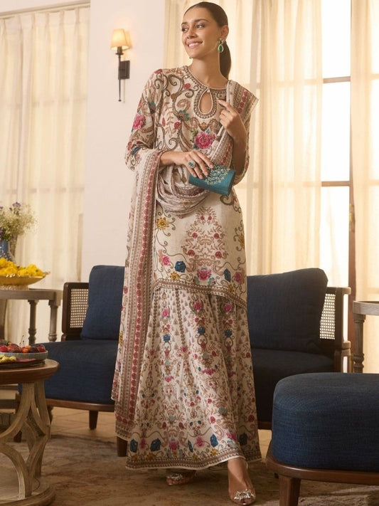 Dhiyona AN Ethnic Motifs Printed Keyhole Neck Straight Kurta With Sharara & Dupatta