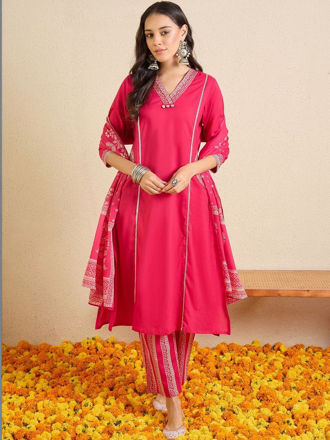 Women Ethnic Motifs Printed Regular Beads and Stones Pure Cotton Kurta with Trousers & With Dupatta