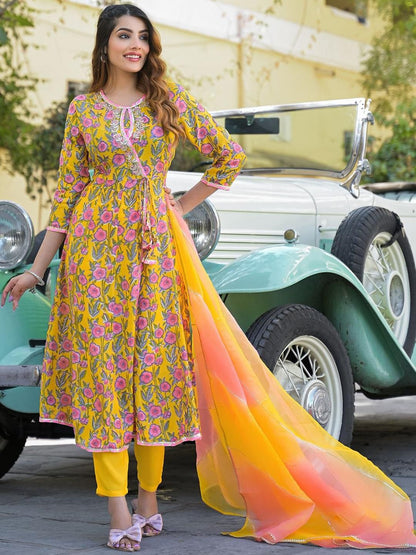 Dhiyona KL Yellow Printed Kurta Pant with Dupatta