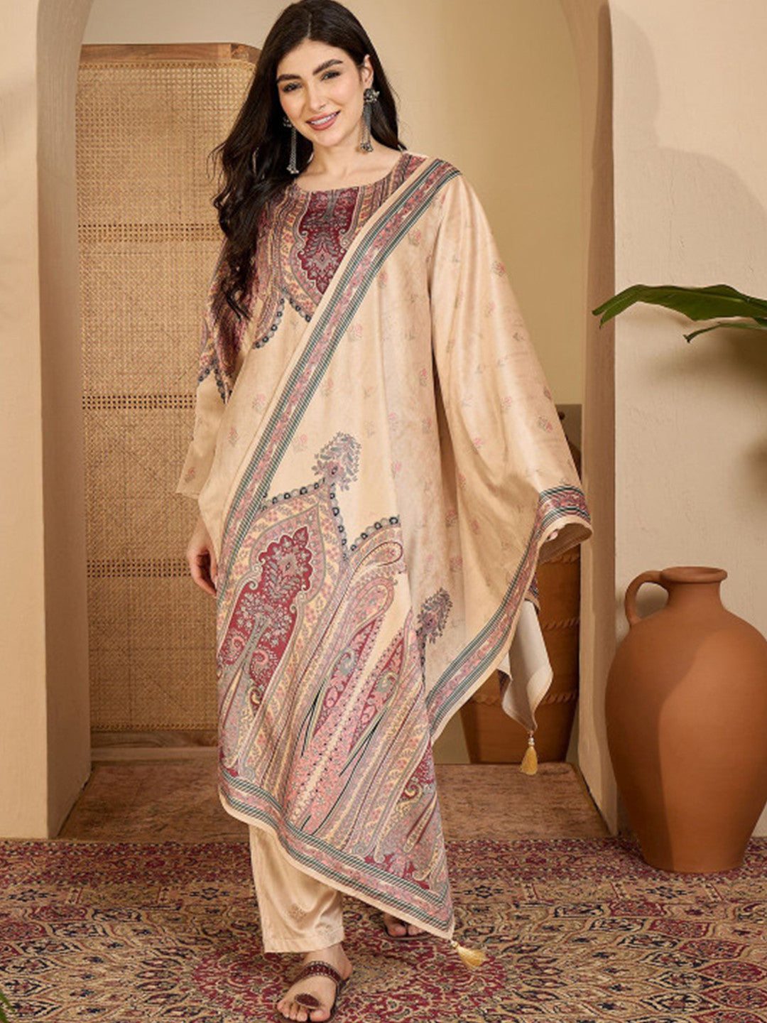 Winter Woven Design Velvet Round Neck Kurta & Palazzos With Dupatta
