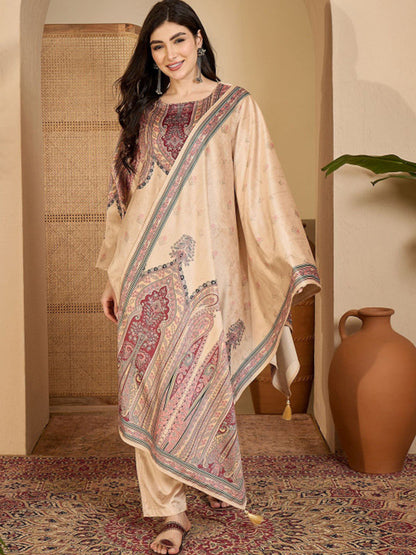 Winter Woven Design Velvet Round Neck Kurta & Palazzos With Dupatta