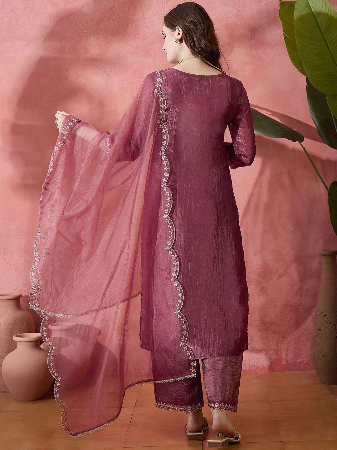 Dhiyona SN Paisley Embroidered Mirror Work Straight Kurta And Palazzo With Dupatta