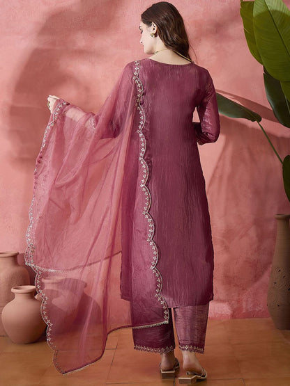 Dhiyona SN Paisley Embroidered Mirror Work Straight Kurta And Palazzo With Dupatta