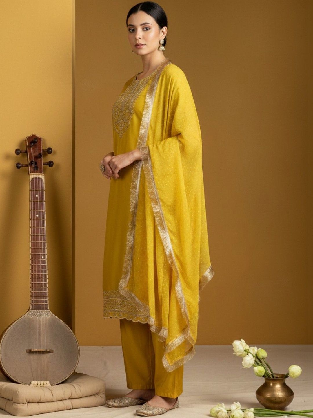 Dhiyona VA Women Ethnic Motifs Embroidered Regular Thread Work Kurta with Palazzos & With Dupatta