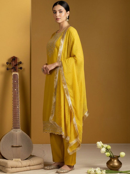 Dhiyona VA Women Ethnic Motifs Embroidered Regular Thread Work Kurta with Palazzos & With Dupatta