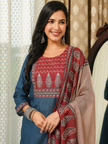 Dhiyona KL Ethnic Motifs Yoke Design Straight Kurta With Trousers & Dupatta