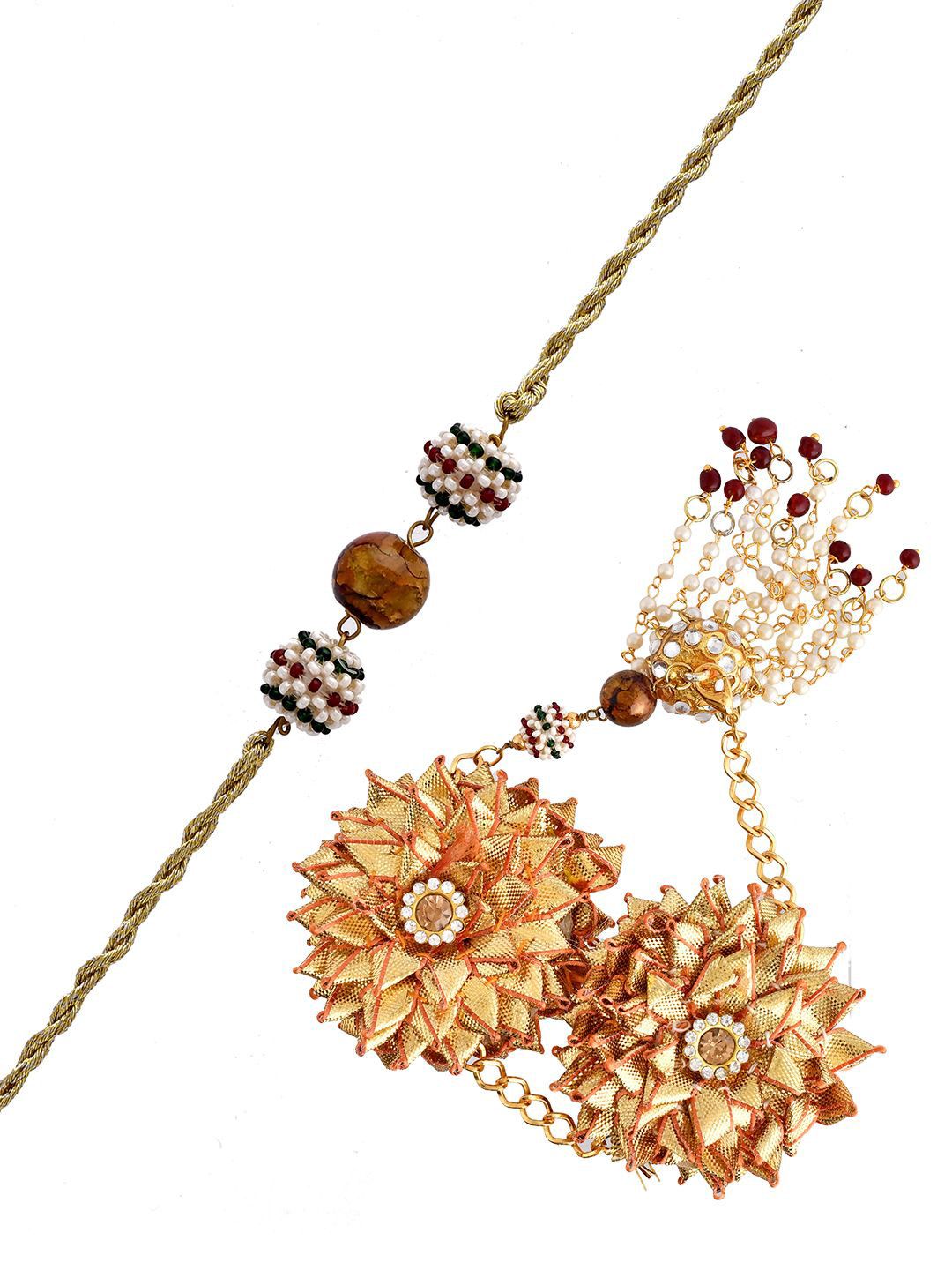 Dhiyona Gold-Toned Beaded Bhaiya Bhabhi Rakhi With Roli Chawal & Greeting Card