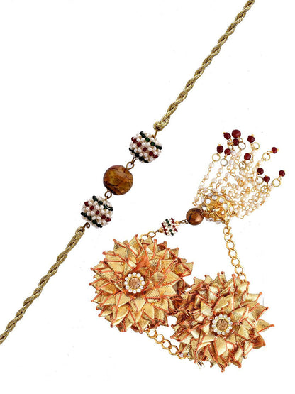 Dhiyona Gold-Toned Beaded Bhaiya Bhabhi Rakhi With Roli Chawal & Greeting Card