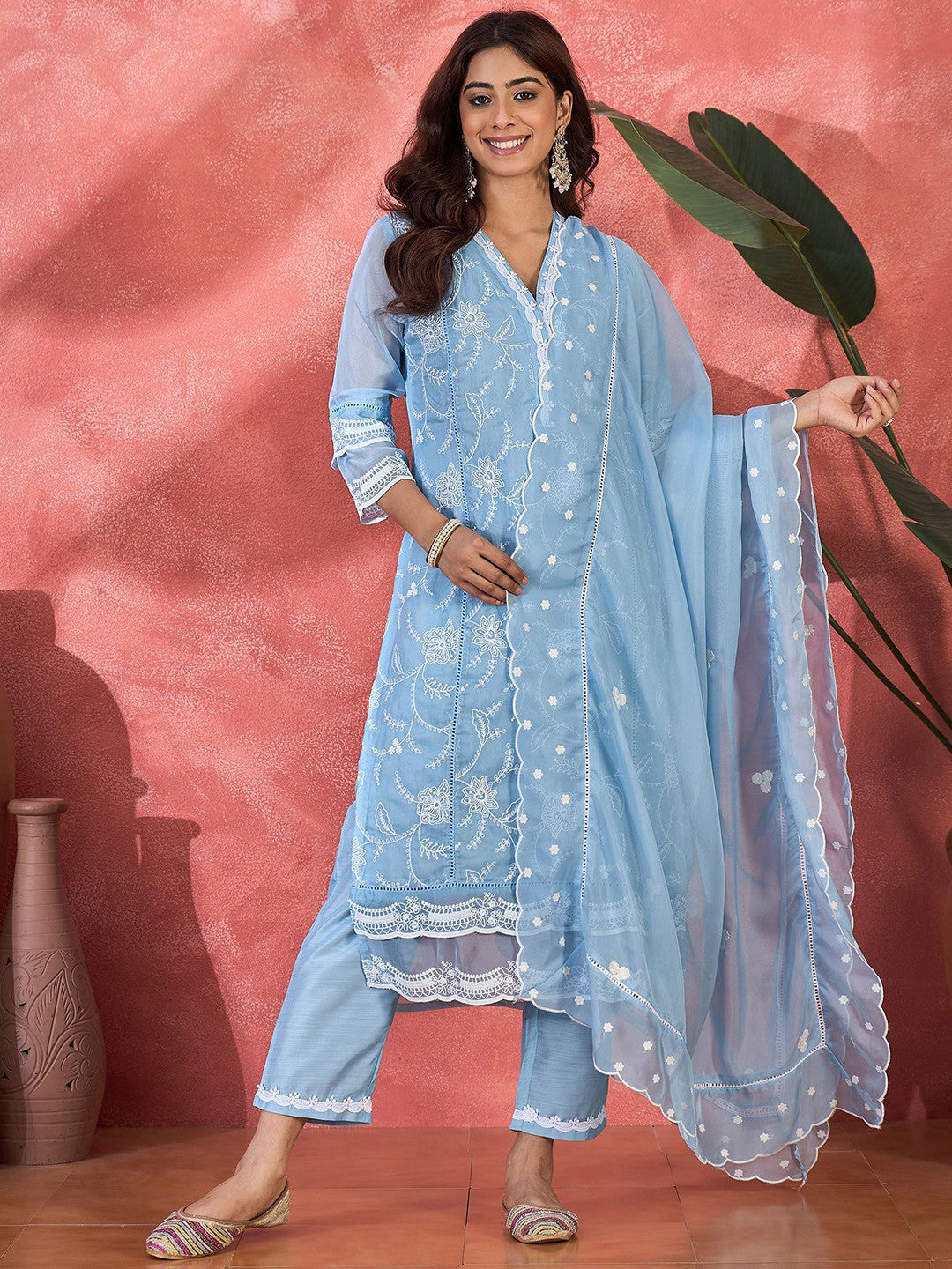 Dhiyona SN Embroidered V-Neck Chikankari Organza Kurta With Trousers And Dupatta