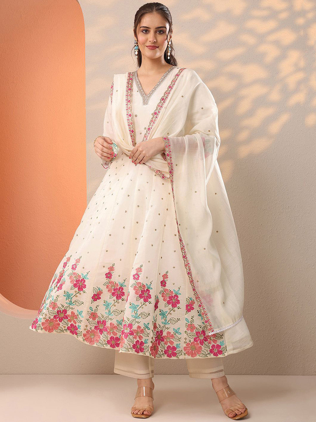 Floral Embroidered Anarkali Thread Work Kurta With Trousers & Dupatta