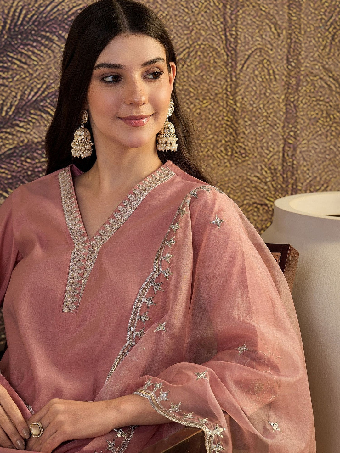 Embroidered V-Neck Kurta & Trousers Kurta Sets