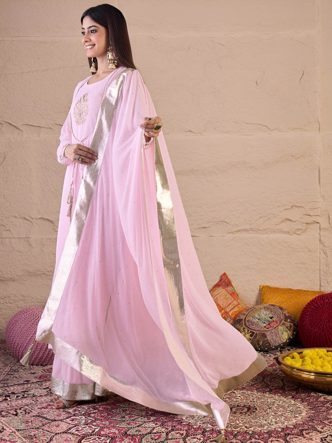 Dhiyona IN Floral Embroidered Thread Work Anarkali Kurta With Palazzos & Dupatta