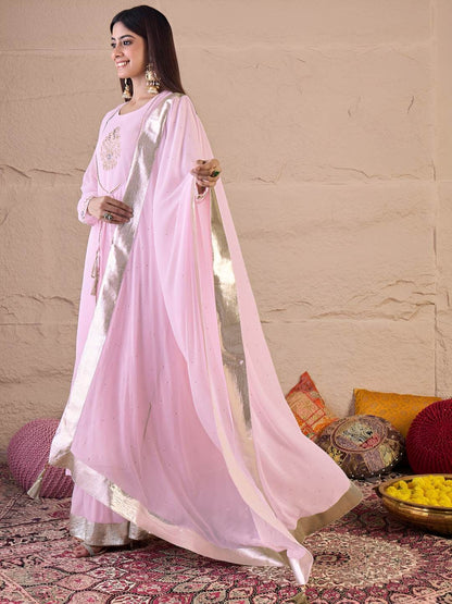 Dhiyona IN Floral Embroidered Thread Work Anarkali Kurta With Palazzos & Dupatta