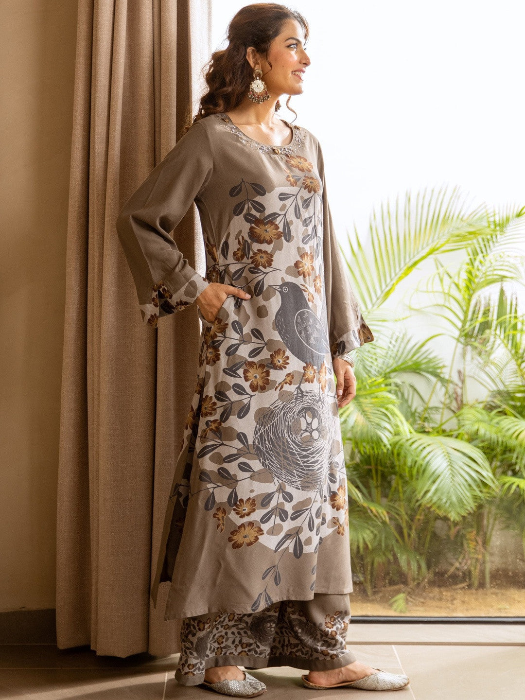Floral Printed Beads and Stones Kurta with Palazzos