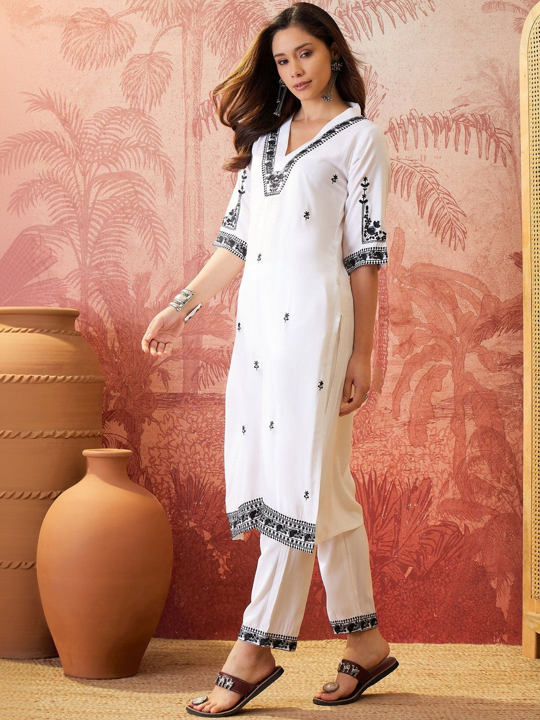 Embroidered V-Neck Kurta & Trousers Kurta Sets