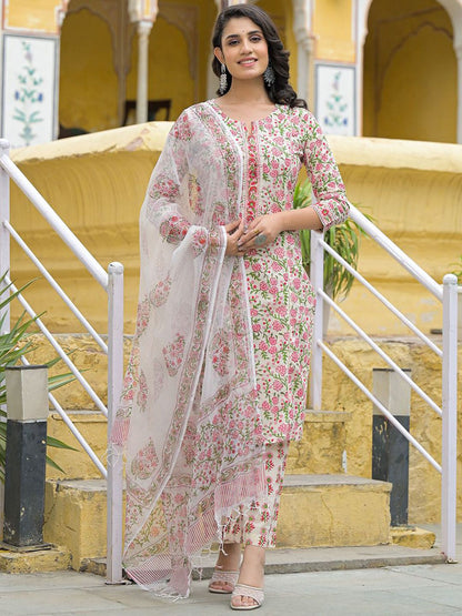Dhiyona KL Women Floral Printed Cotton Kurta with Trousers & Dupatta