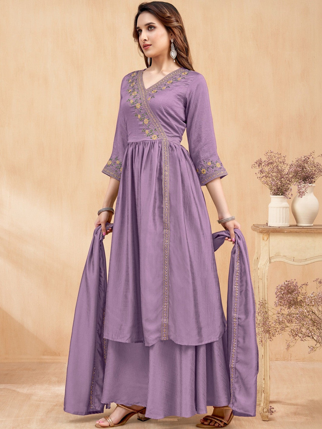 Embroidered V-Neck Kurta & Palazzos With Dupatta