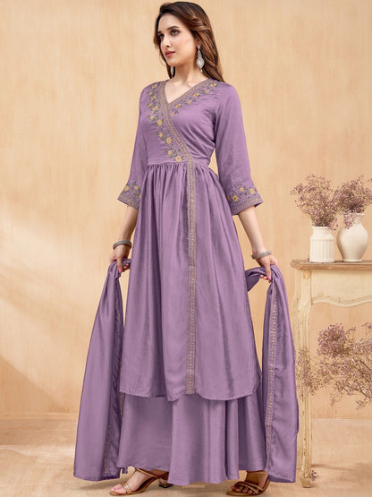 Embroidered V-Neck Kurta & Palazzos With Dupatta