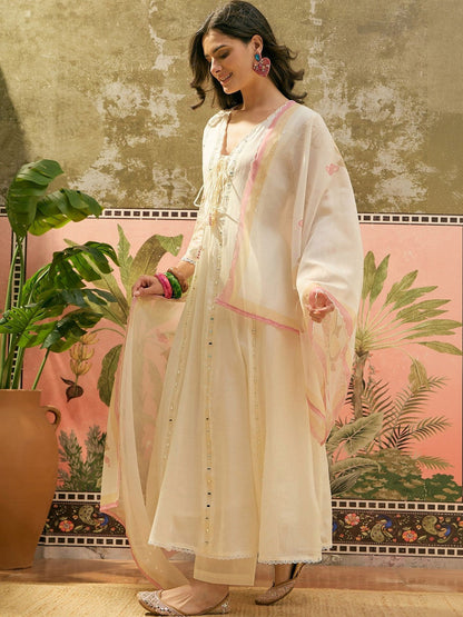 Embroidered V-Neck Anarkali Kurta & Trousers With Dupatta
