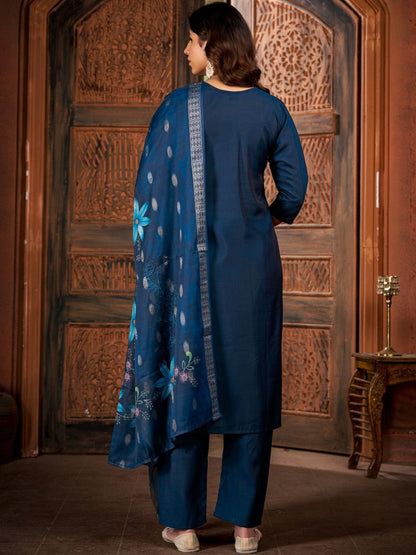 Quirky Embroidered Silk Blend V-Neck Kurti & Trousers With Dupatta