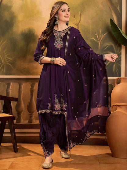 Zari & Sequin Embroidered A-Line Kurta & Salwar With Dupatta