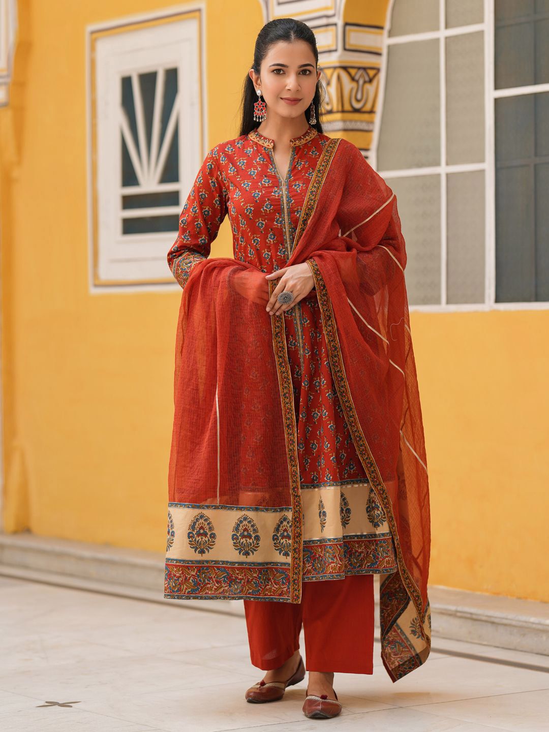 Dhiyona RR Women's Ethnic Motifs Printed Cotton Anarkali Kurta with Trousers & Dupatta