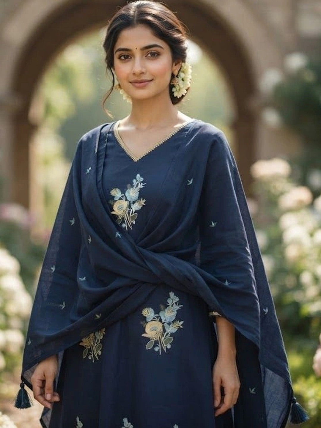 Women Floral Embroidered Regular Thread Work Pure Cotton Kurta with Trousers & With Dupatta