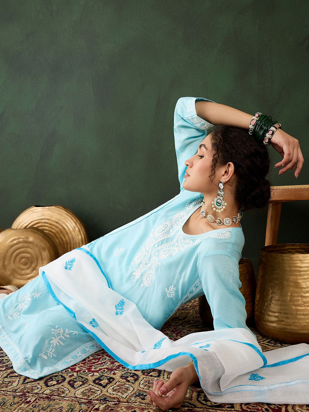 Ethnic Motifs Embroidered Thread Work Pure Cotton Kurta with Trousers & Dupatta