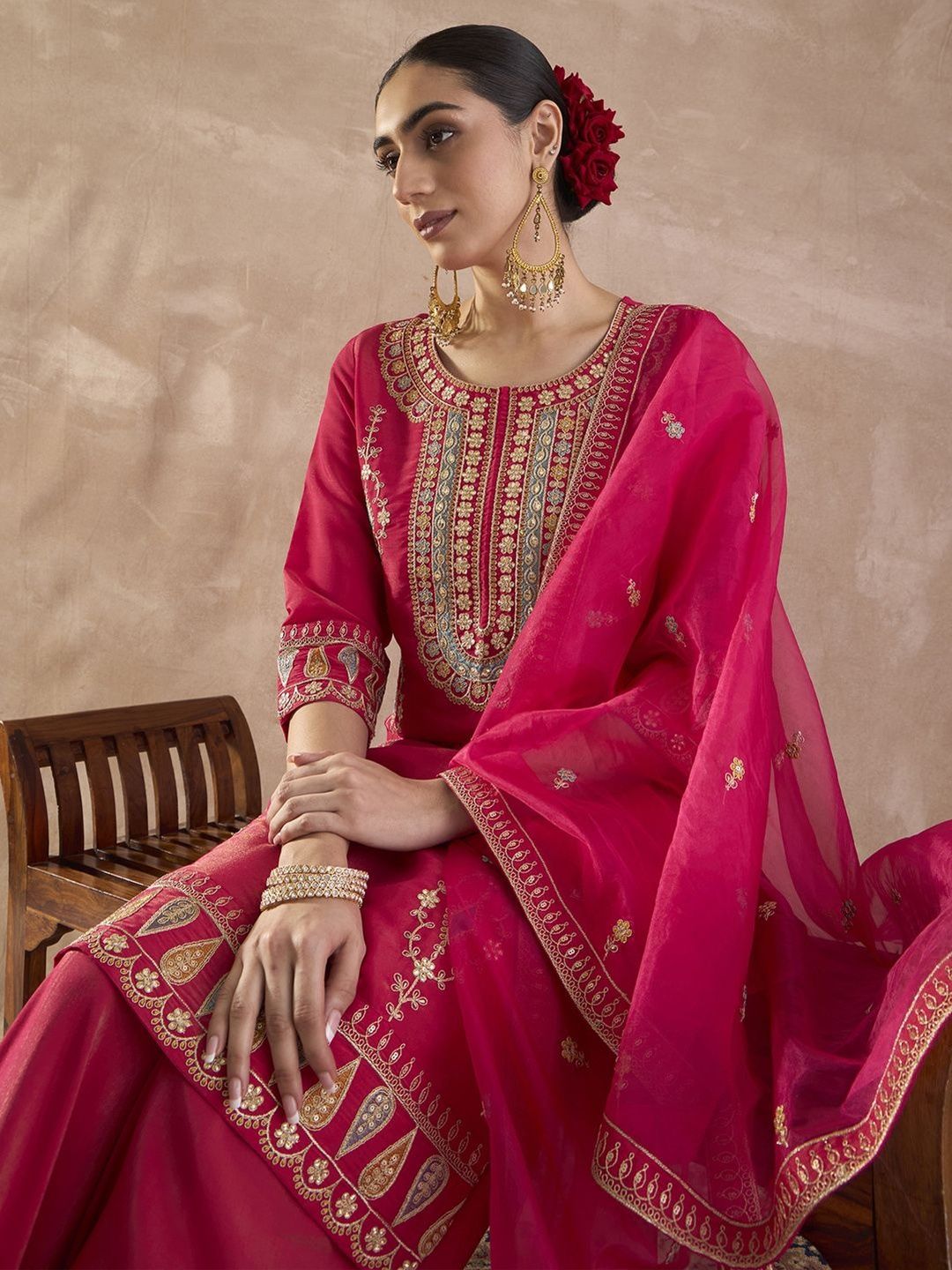 Ethnic Motifs Embroidered Round Neck Zari Kurta With Palazzos & Dupatta