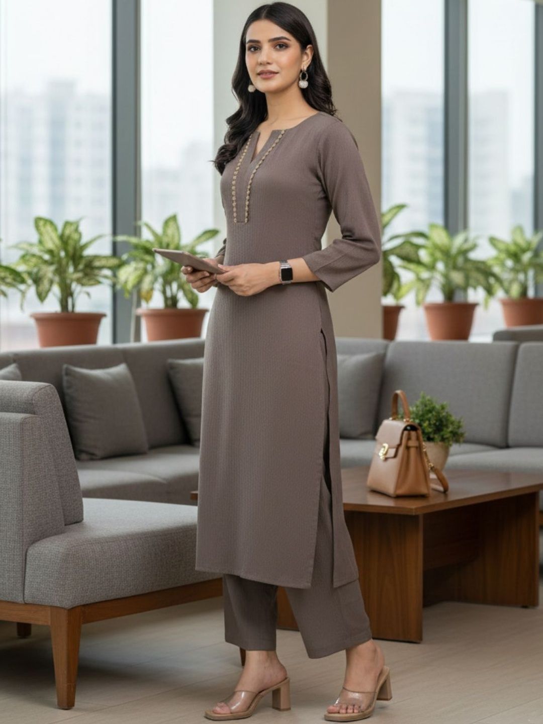 Brown Women Regular Thread Work Silk Crepe Kurta with Trousers
