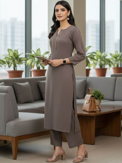 Brown Women Regular Thread Work Silk Crepe Kurta with Trousers