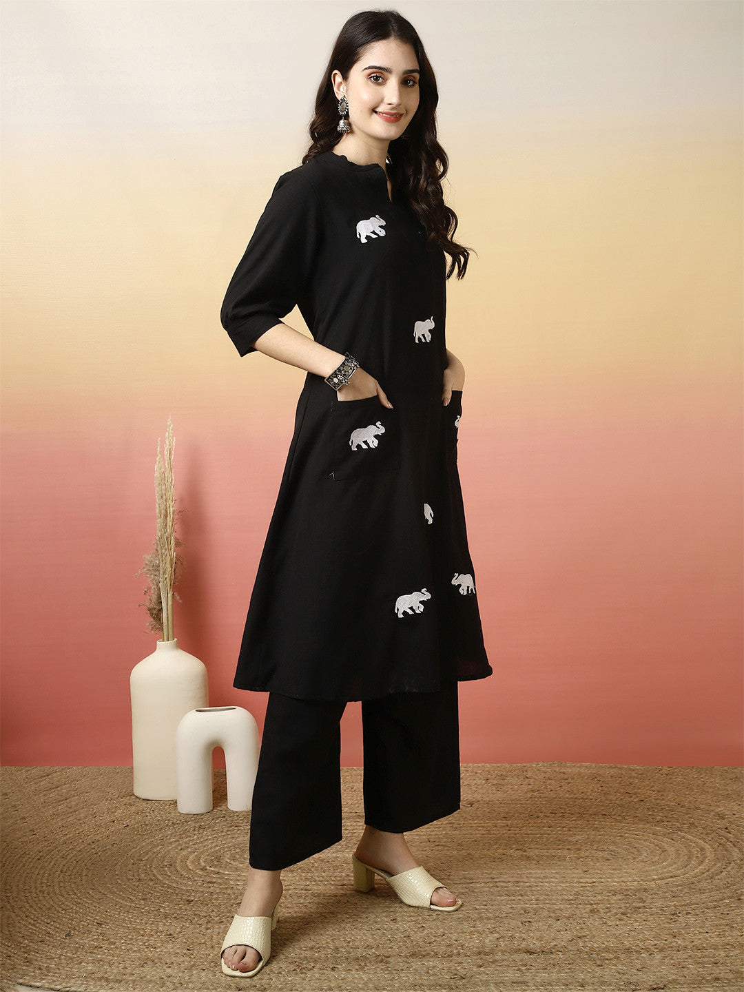 Black Ethnic Motifs Printed Notch Neck Pure Cotton Straight Kurta With Palazzo