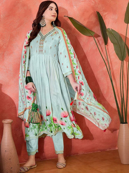 Dhiyona CH Floral Printed Tiered V-Neck Thread Work Kurta With Trousers & Dupatta