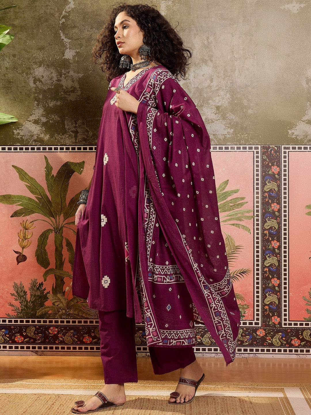 Printed Cotton V-Neck Kurta & Trousers With Dupatta
