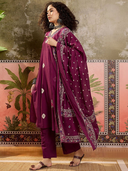 Printed Cotton V-Neck Kurta & Trousers With Dupatta