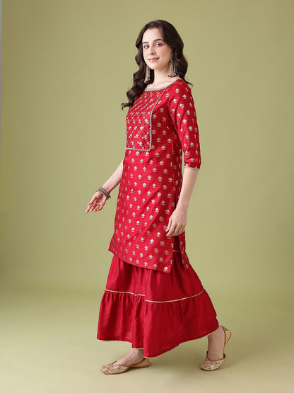 Dhiyona AN Floral Foil Printed Gotta Patti Detail Kurta with Sharara & Dupatta