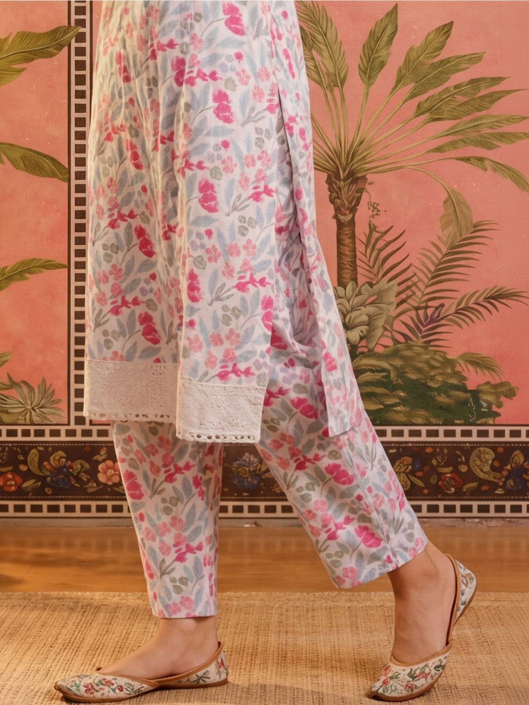 Printed Pure Cotton V-Neck Kurta & Trousers