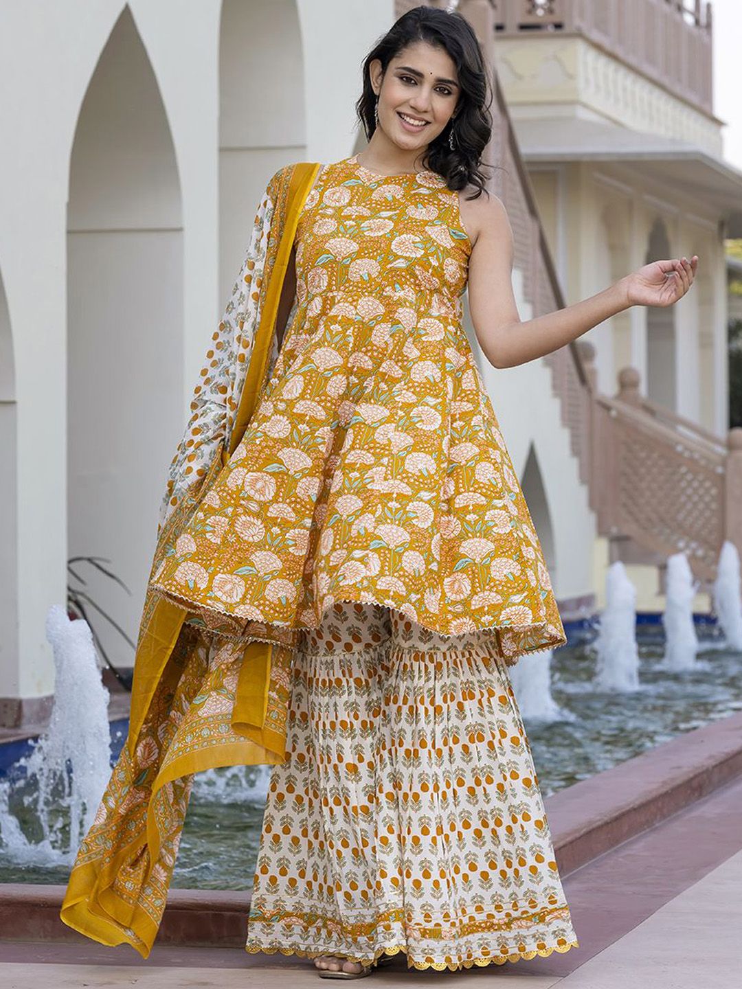 Dhiyona KL Floral Printed Pure Cotton Anarkali Kurta With Trouser & Dupatta